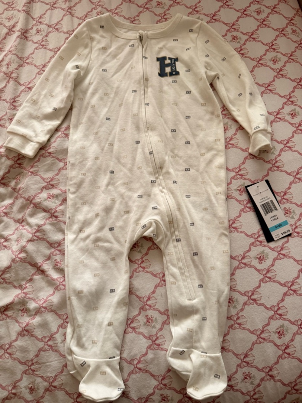 Tommy Hilfiger Cream Baby Footed Zipper One-Piece with Navy Tag
